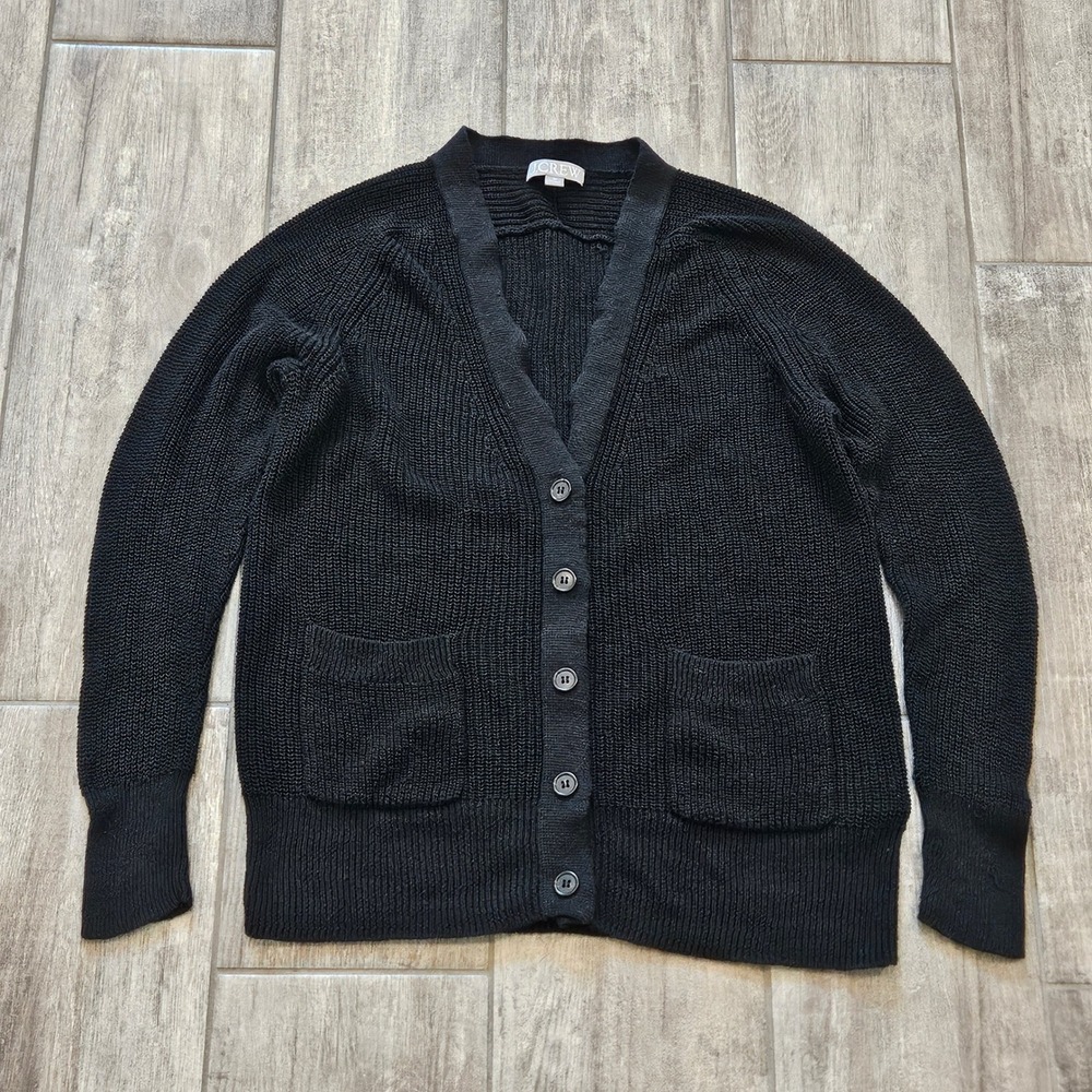 J.Crew Knit Cardigan Size M Black Linen Cotton Knit Button Front Sweater Coastal